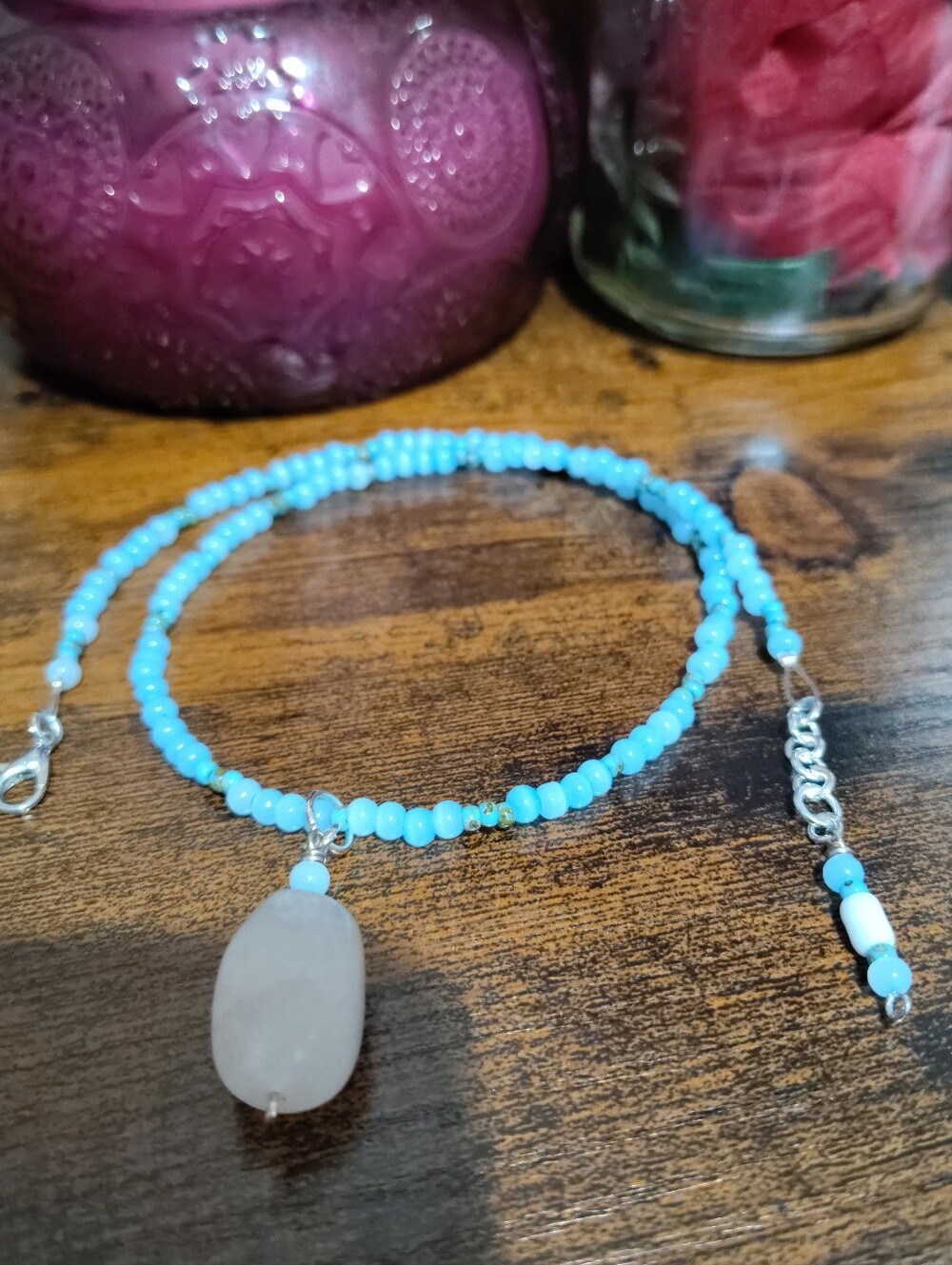 Turquoise Blue Beaded Necklace with Rose Quartz Pendant,  Handmade Necklace